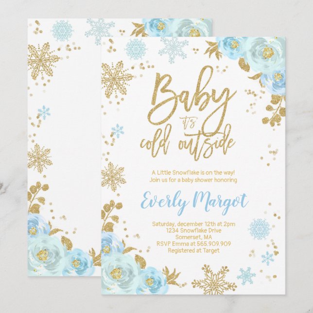 Winter Baby Shower Invitation Blue And Gold (Front/Back)