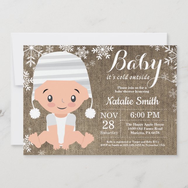 Winter Baby Shower Invitation Burlap (Front)