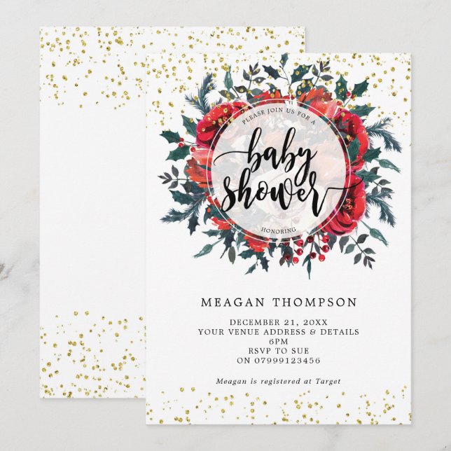 winter baby shower invitation floral gold glitter (Front/Back)