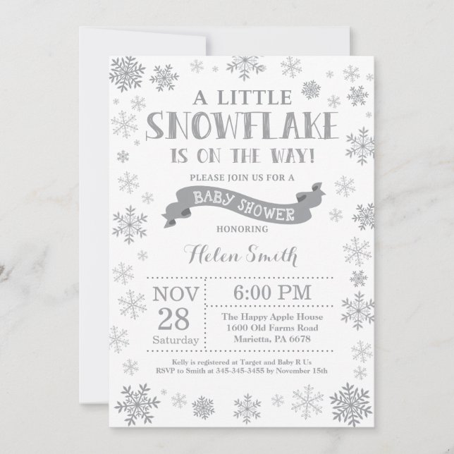Winter Baby Shower Invitation Grey Snowflake (Front)