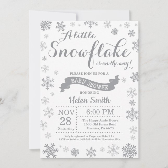Winter Baby Shower Invitation Grey Snowflake (Front)