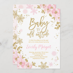 Winter Baby Shower Invitation Pink Gold Snowflake