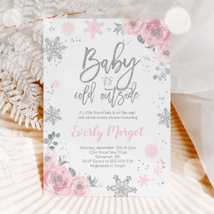 Winter Baby Shower Invitation Pink Silver Glitter