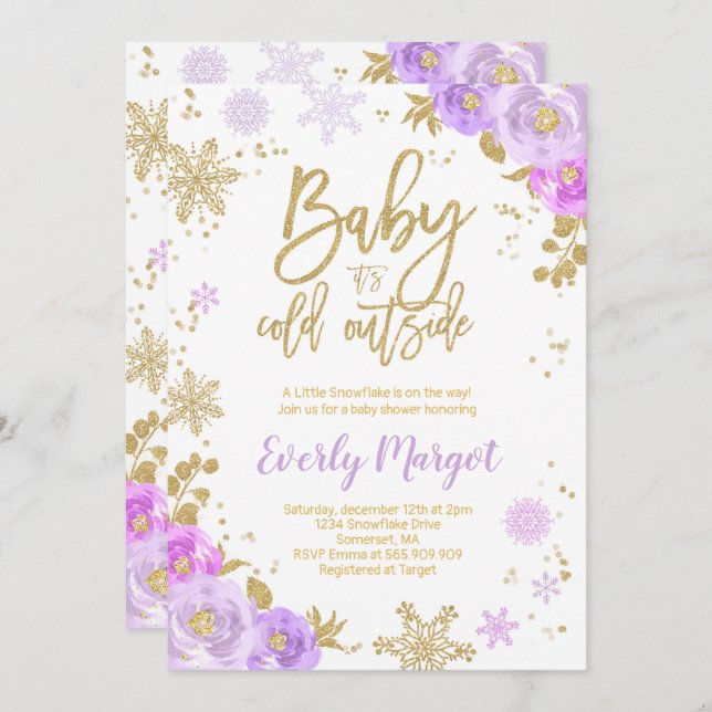 Winter Baby Shower Invitation Purple And Gold (Front/Back)