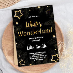 Winter Baby Shower Invitations Golden Star Black