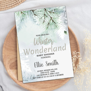 Winter Baby Shower Invitations Pine Glitter Silver