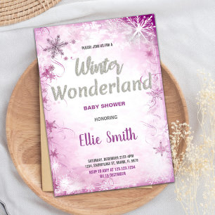 Winter Baby Shower Invitations Pink Glitter