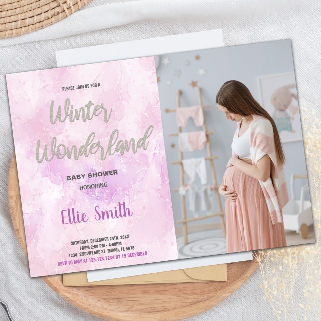 Winter Baby Shower Invitations Pink Glitter Photo (Winter Baby Shower Invitations Pink Glitter Photo)