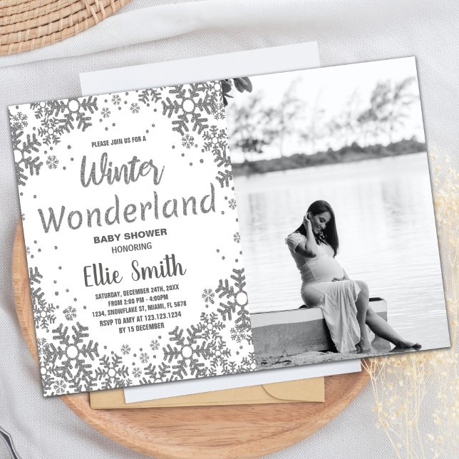 Winter Baby Shower Invitations Silver with photo (Winter Baby Shower Invitations Silver with photo)