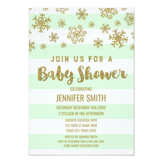 Winter Baby Shower Mint Stripes Gold Snowflakes Card