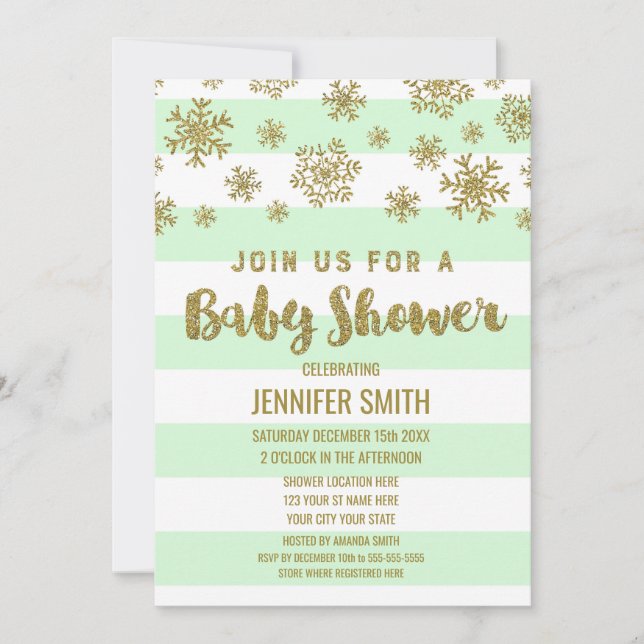 Winter Baby Shower Mint Stripes Gold Snowflakes Invitation (Front)