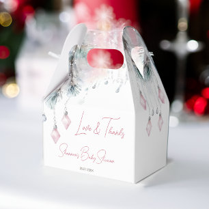 Winter baby shower pastel pink grey pines favour box
