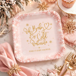 Winter Baby Shower Pink Gold Snowflake Paper Plate