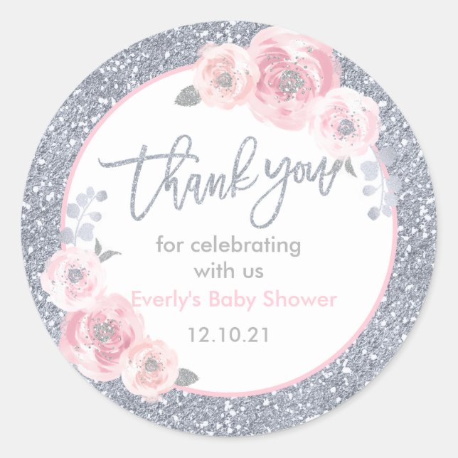 Winter Baby Shower Pink & Silver Snowflake Favour Classic Round Sticker (Front)