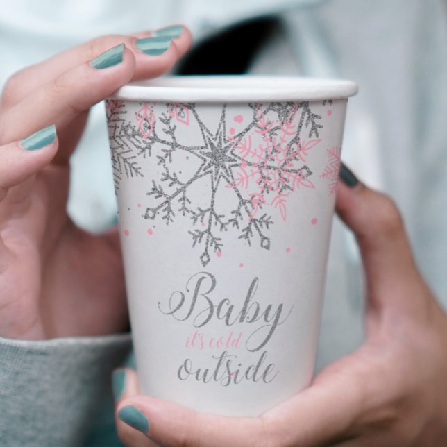 Winter Baby Shower Pink Silver Snowflakes Paper Cups (Creator Uploaded)