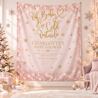 Winter Baby Shower Pink Snowflake Backdrop Tapestry