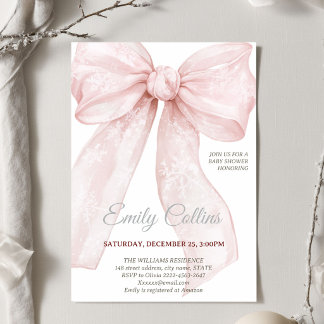 Winter Baby Shower Pink Snowflake Bow Coquette Invitation