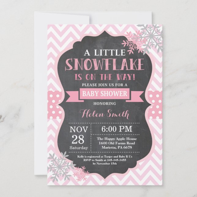 Winter Baby Shower Pink Snowflake Chalkboard Invitation (Front)