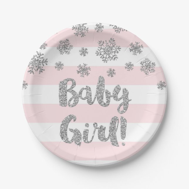 Winter Baby Shower Plate Pink Stripes Silver Snow (Front)