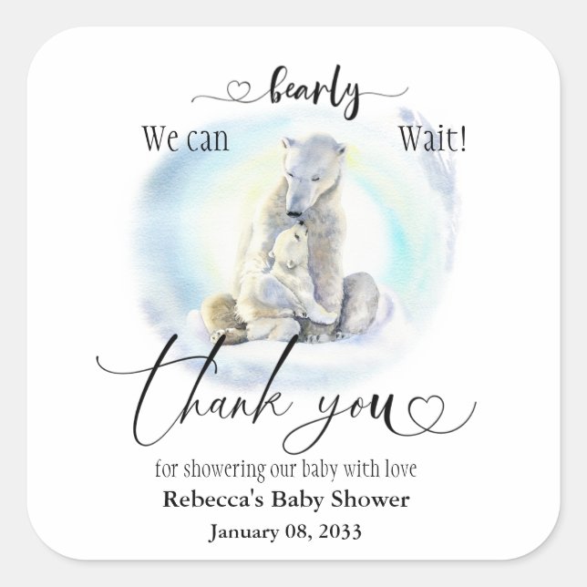 Winter Baby Shower Polar Bear Bearly Wait Square Sticker (Front)