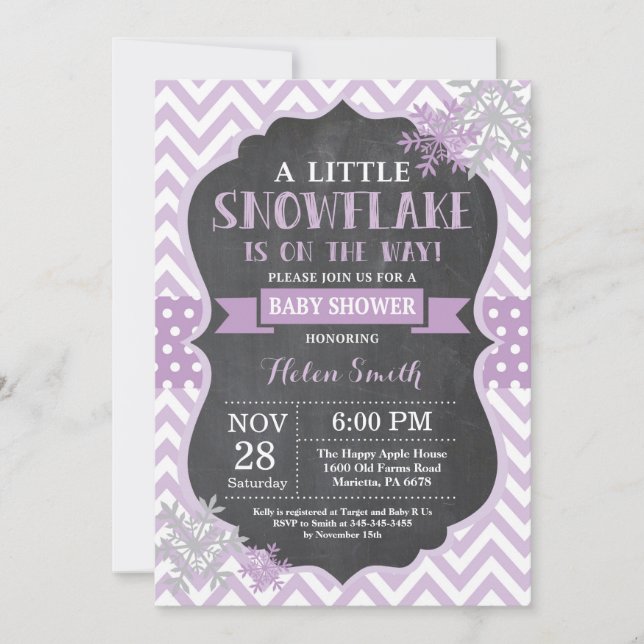 Winter Baby Shower Purple Snowflake Chalkboard Invitation (Front)