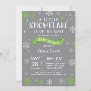 Winter Baby Shower Red Green and Grey Snowflake Invitation