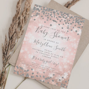 Winter Baby Shower Rose Gold Silver Glitter Invitation
