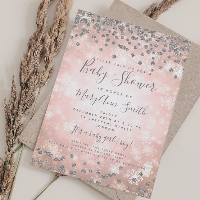 Winter Baby Shower Rose Gold Silver Glitter Invitation (Winter Baby Shower Rose Gold Silver Glitter Invitation)