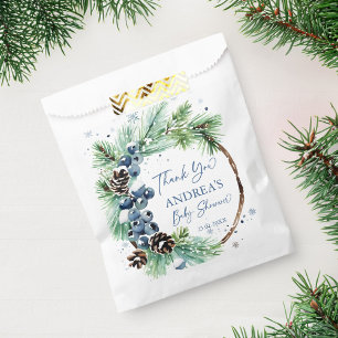 Winter baby shower snowy pines wreath favour bag