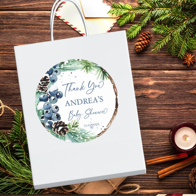 Winter baby shower snowy pines wreath favour classic round sticker (Winter baby shower snowy pines wreath with blue winter berries favor sticker thank you stickers)