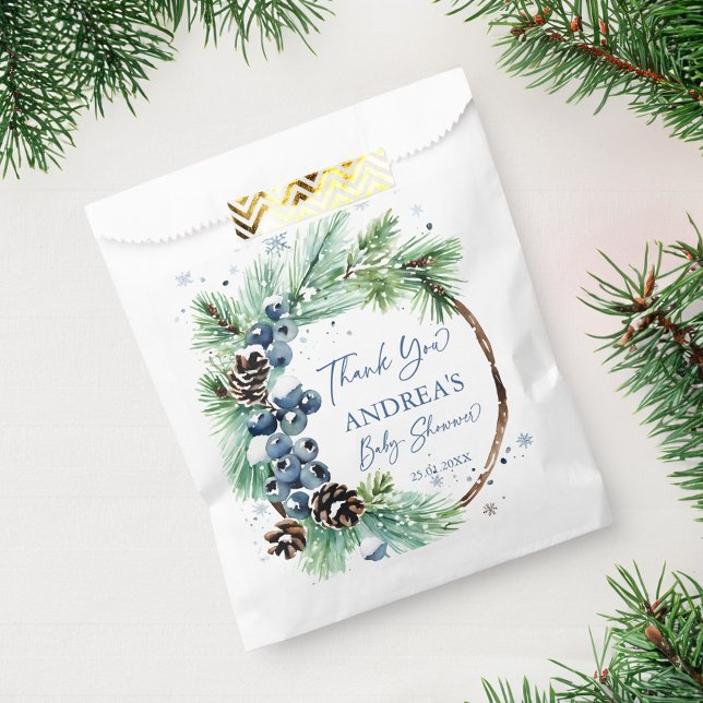 Winter baby shower snowy pines wreath favour favour bag (Winter baby shower snowy pines wreath favor bag watercolor blue winter berries pine cones )