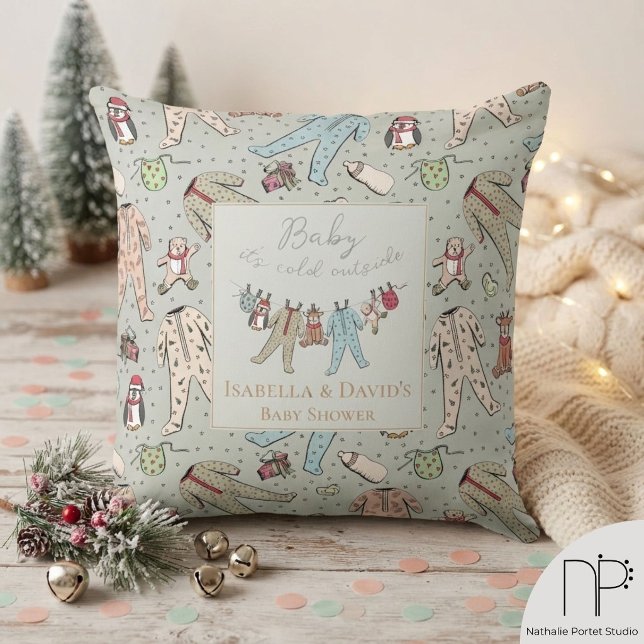 Winter Baby Shower Throw Pillow (This Winter Baby Shower decor features hand-drawn illustrations, perfect for nursery styling.)