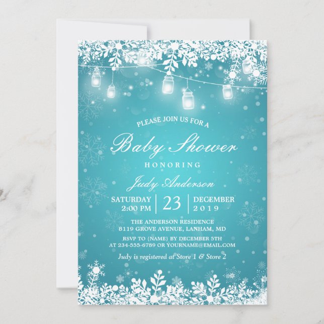 Winter Baby Shower Turquoise Mason Jar Lights Invitation (Front)
