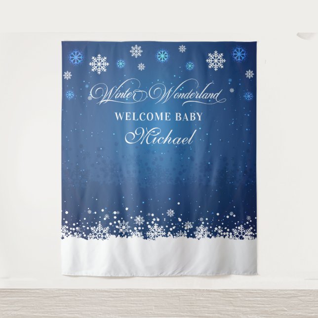 Winter Baby Shower Welcome Baby banner backdrop Tapestry (Front)