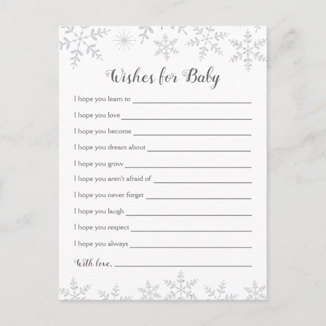 Winter Baby Shower Well Wishes Silver Snowflakes Postcard (Front)
