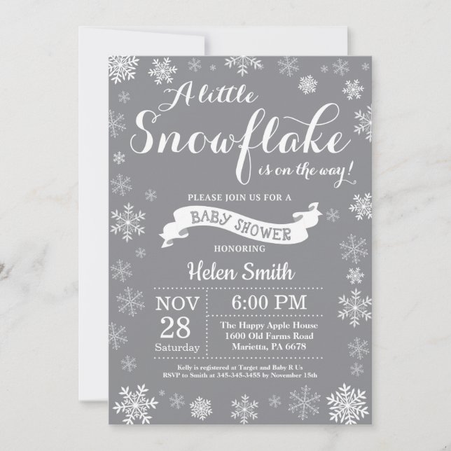 Winter Baby Shower White and Grey Snowflake Invitation (Front)