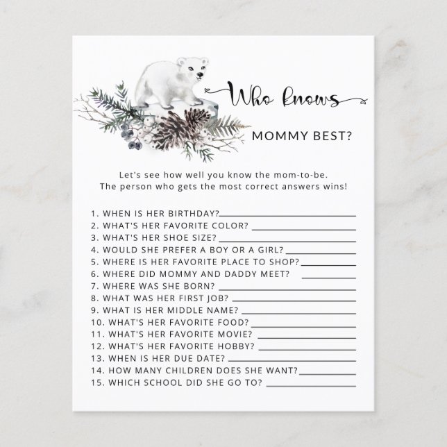 Winter baby Shower Who knows mummy best game (Front)
