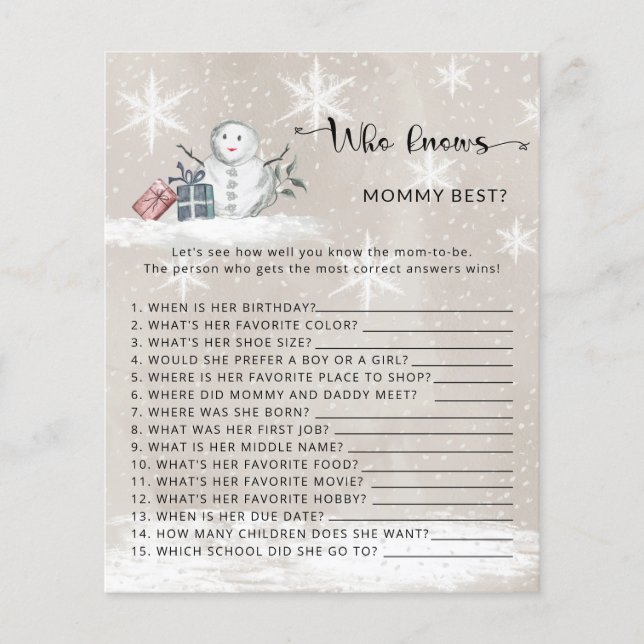 Winter baby Shower Who knows mummy best game (Front)