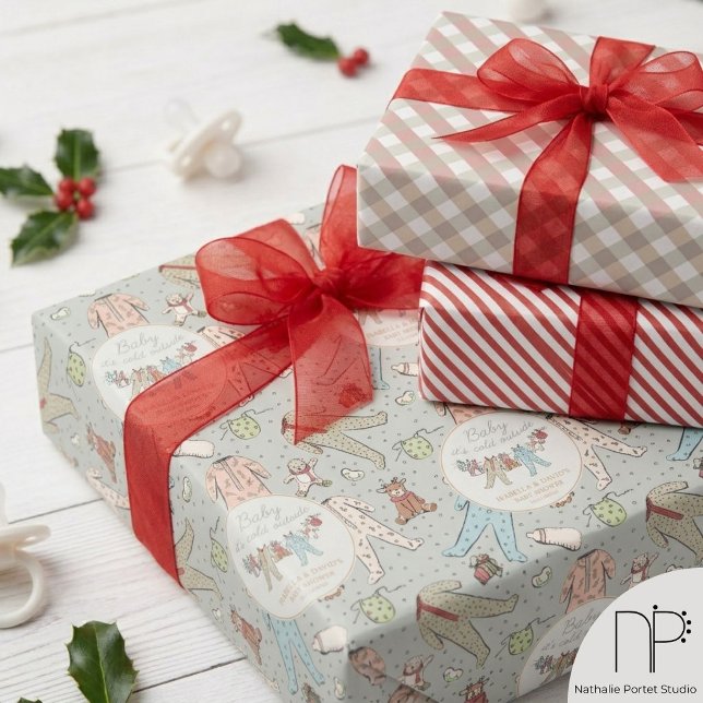 Winter Baby Shower Wrapping Paper Set (This Winter Baby Shower Wrapping Paper set features hand-drawn art, perfect for new baby and mom.)