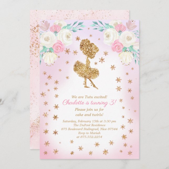 Winter Ballerina Glitter Birthday Invitation (Front/Back)