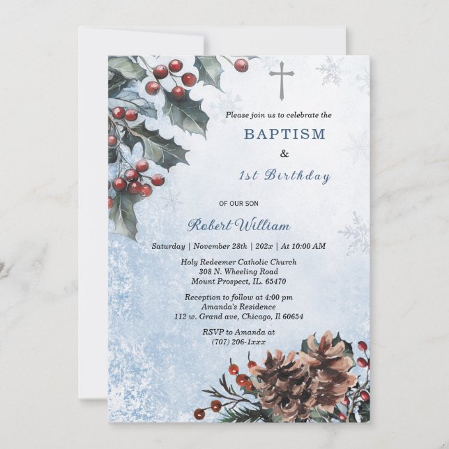 Winter Baptism and 1st Birthday Invitation (Front)