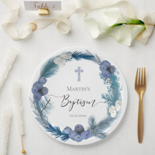 winter Baptism blue wreath Paper Plates
