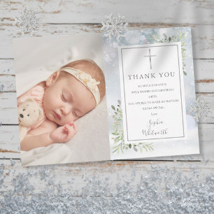 Winter Baptism Christening Greenery  Thank You Card