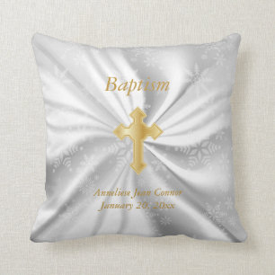 Winter Baptism on White Satin Cushion