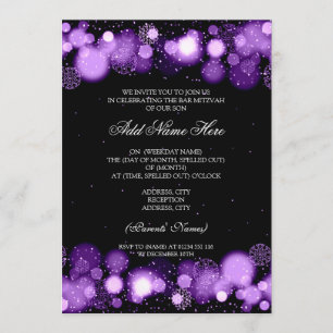 Winter Bar Mitzvah Purple Snowflakes Lights Invitation