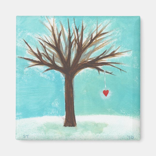 Winter bare tree red heart love primitive folk art magnet (Front)