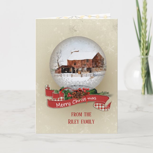 winter barn in snow globe holiday card (Front)