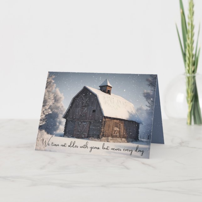 Winter Barn In Snowflakes Birthday Card (Front)