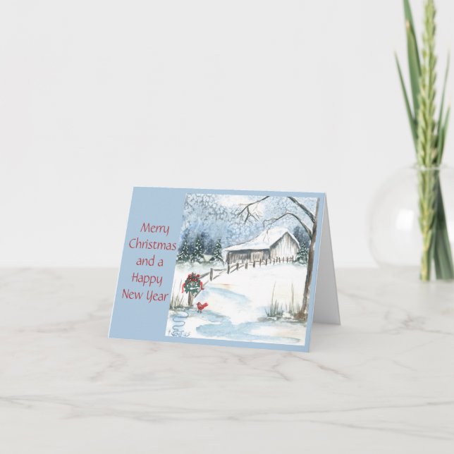 Winter Barn Scene, wreath on post and cardinal Holiday Card (Front)