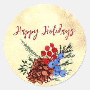 Winter Barries Merry Christmas Trees Yellow Red  Classic Round Sticker